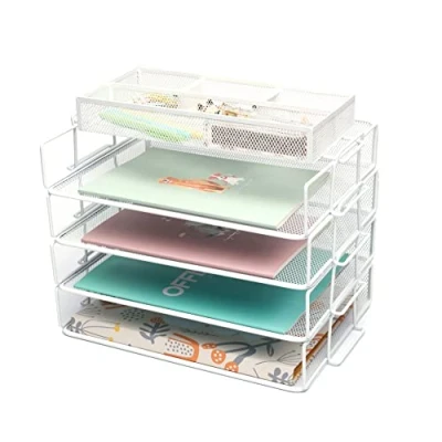 Image of Exerz Stackable Paper Sorters 4pcs with an Accessory Organiser/ 4 Tiers Letter Trays Extra Divider Memo Holder On Top Metal Desk Organiser Office, School, Home