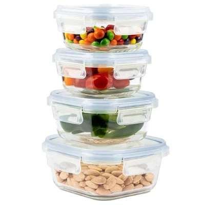 Image of Home Fleek Airtight Square Glass Food Containers with Lids Stackable Storage Containers, Space Saving, Airtight, Microwave, Oven and Freezer Safe Meal Prep (Set of 4, Blue)