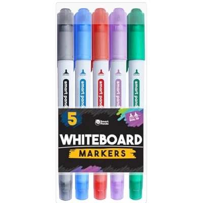 Image of Smart Panda 5 Whiteboard Markers Dual Tip Wipeable Pens, Medium and Fine Dry Wipe Markers, Perfect for Home, School or Office Set