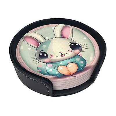 Image of Pink cartoon bunny Round leather coasters, set of 6 drink coasters with holder, cute, decorative, for drinks and beer