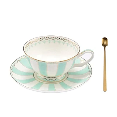 Image of Pfedxoon Bone China Tea Cup with Saucer Spoon 3 Piece Set（240ml） Cappuccino Cups, Set, British Coffee Porcelain Latte Mother&#039;s Day Gift(Blue White)