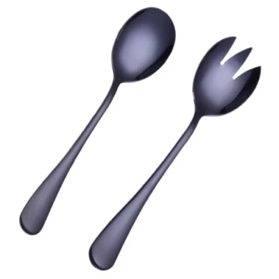 Image of 2 Pcs Steel Salad Spoon Fork Serving Set Mixing Dinner for Kitchen Cooking Utensil Cutlery Black