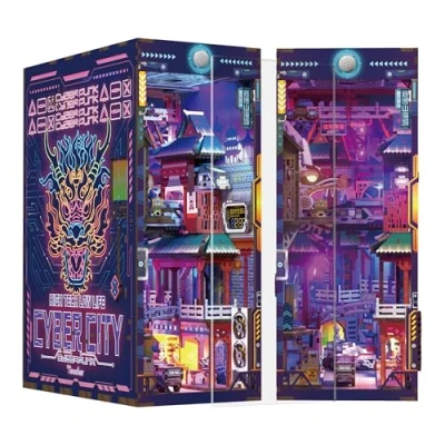 Image of Tonecheer Cyber City Book Nook Kits 3D Wooden Puzzle for Adults, DIY Miniature House with Dust Cover Booknook Model Bookshelf Insert Decor LED Lights Unique Birthday Gifts