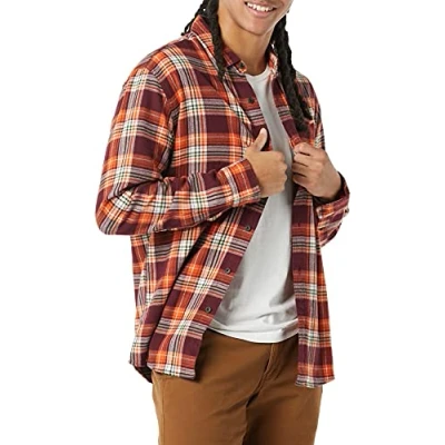 Image of Amazon Essentials Men&#039;s Long Sleeve Flannel Shirt (Available in Big &amp; Tall), Burgundy Orange Plaid, M