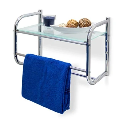 Image of Relaxdays Stainless Steel 10019264 Wall Shelf with Towel Rail and Glass Bathroom 2 Rails Chrome Finish Base, in modern Style, 34 x 45 23 cm silver