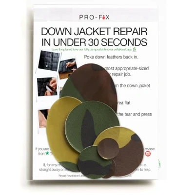Image of PRO FIX: Easy to Use Down Jacket Repair Patch Kits Pre Cut, Self Adhesive, Waterproof, Tear Resistant Patches for Repairing Clothing, Sleeping Bags, Tents, Outdoor Gear Camo