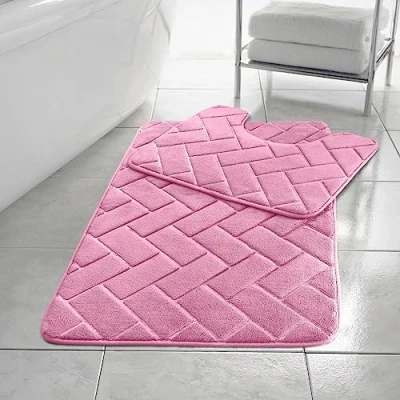 Image of HomeSpace Direct Blocks Non Slip Memory Foam Bath Mat/Toilet Mat Set Pink