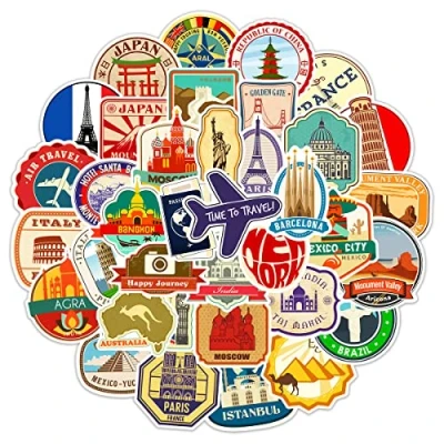 Image of Travel Stickers for Laptop(50 PCS),Gift Children Teens Adults Girl Boys,Travel Around The World Map Waterproof Water Bottle,Vinyl Scrapbook,Skateboard,Bike,Phone,Dairy