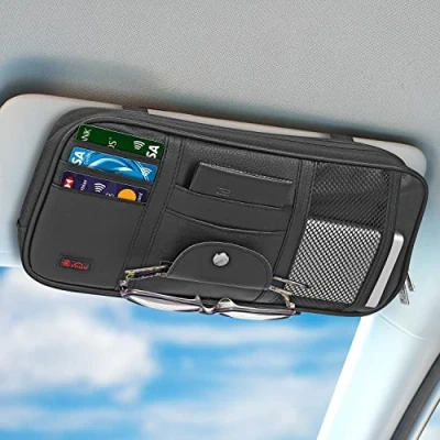 Image of Vinsani Car Sun Visor Auto Truck Interior Pouch Pocket Accessories Organiser PU Leather Anti Slip Holder Multi Storage For Sunglasses Registrations Cards Cables Black
