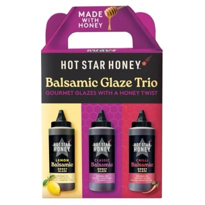 Image of HOT STAR HONEY balsamic Glaze Trio Rich &amp; tangy glazes: drizzle on salads, pizza and pasta