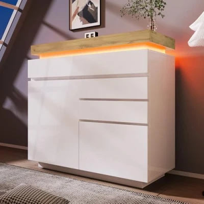 Image of Merax High gloss Chest of Drawers, Sideboards for Living Room with 2 Doors and 3 Storage Cabinet RGB LED Light Strip (App controlled), Multi purpose Drawers Bedroom, 110x39x115cm, White