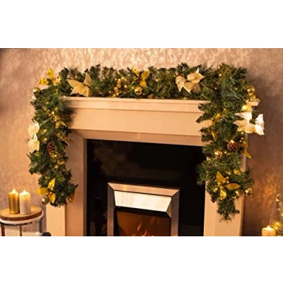 Image of Marco Paul Luxury 9ft Gold Pine Christmas Garland with Lights Artificial Faux Greenery Pinecones Poinsettia &amp; Baubles for Fireplace, mantle, Window Decor