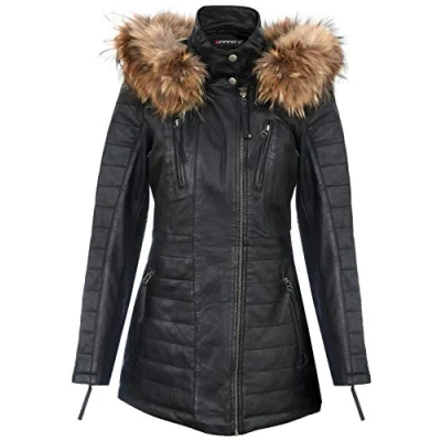 Image of Women&#039;s Black Leather Parka Jacket Quilted Detachable Hooded Trench Coat S