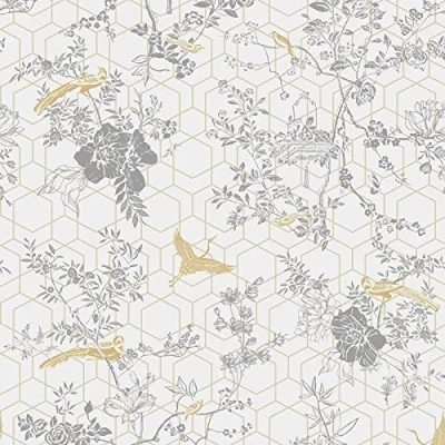 Image of Muriva Lipsy Himara Wallpaper Modern Floral Living Room，Bedroom，Fireplace Decorative Nature Luxury Wall Paper w/ Flowers，Birds &amp; Metallic Gold Geometric Print (Pale Grey)，Gold,grey