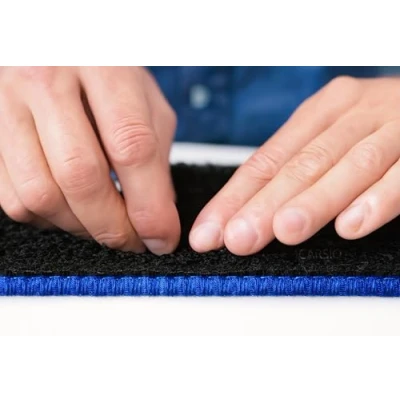 Image of Carsio Carpet Car Mats For Ford Mustang 2015 Onwards 4 Piece Set Tailored Fit Floor Mat Complete Accessory Black Custom Fitted All Weather, Anti Slip Backing &amp; Blue Trim