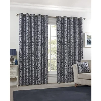 Image of Emma Barclay Eden Lined Eyelet Jacquard Curtains in Navy Width 90 x Drop 72&quot; (228 183cm)