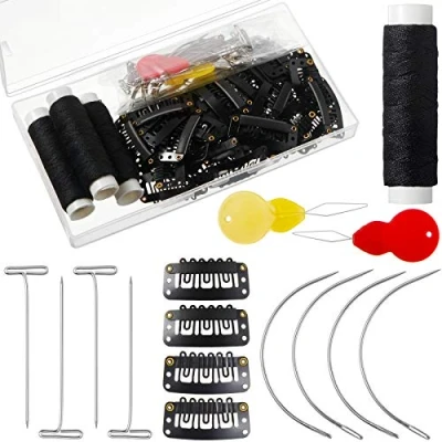 Image of 85 Pieces Hair Extensions Clip Wig Making Set, Includes 50 U Shape Snap Clips, 10 Curved Needles, 20 T Pins, 3 Rolls Weaving Thread, 2 Needle Threader for