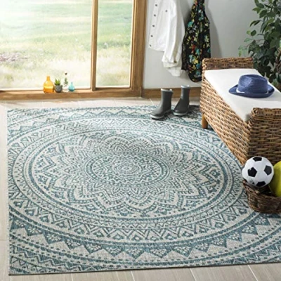 Image of SAFAVIEH Contemporary Rug for Indoor &amp; Outdoor Courtyard Collection, Short Pile, in Light Grey and Teal color, 79 X 152 cm