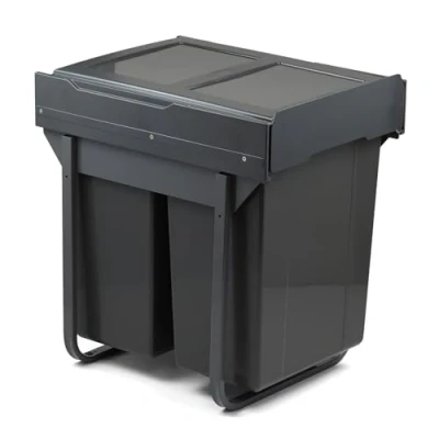 Image of Handle &amp; Home 450mm Pull Out Cabinet Bin Base Fix Grey 2 x 30L Sliding Cupboard Waste Recycle