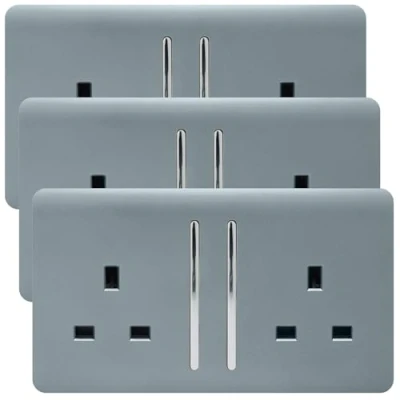 Image of Trendi 2 Gang Artistic Modern Glossy 13 Amp Switched Plug Socket Cool Grey (3 Pack)