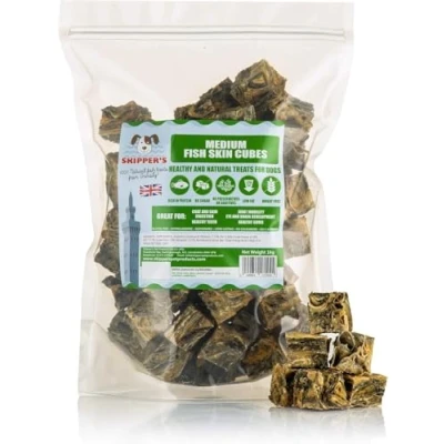 Image of SKIPPER&#039;S Dried Fish For Dogs Whitefish Skin Jerky Cubes Dog Treats 100% Natural, Healthy, Grain Free &amp; Low Fat BULK VALUE (Cube Size Medium, 1kg Pack)