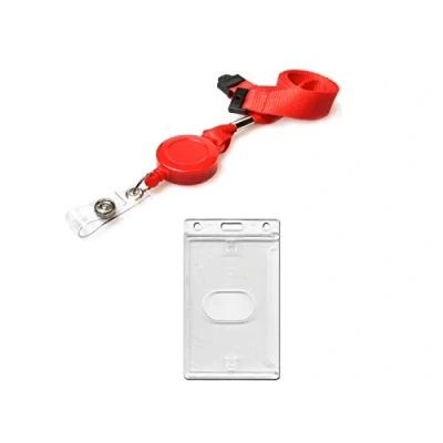 Image of ID Card It Lanyard Neck Strap with Safety Breakaway, Retractable Reel and Pass Badge Holder Enclosed for Work, Office, Security (Red Vert Enclosed)