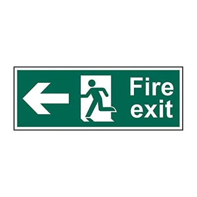 Image of Fire Exit Running Man Arrow Left Sign Safety Self Adhesive PVC 400mm x 150mm