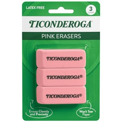 Image of Ticonderoga Wedge Erasers, Pink, 3 Count