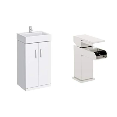 Image of VeeBath Linx High Gloss White 450mm Compact Cloakroom Vanity Unit with Waterfall Designer Chrome Basin Mixer Tap + Waste