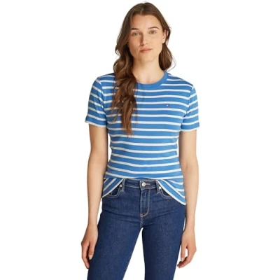Image of Tommy Hilfiger Women&#039;s New Slim Cody C NK SS WW0WW40587 S/S Knit Tops, Blue, XXL