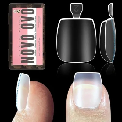Image of NOVO OVO Tapered Square Press on Toe Nail Tips Extra Thick, Strong Thicker Soft Gel False Toenail Extension, Clear Pre applied Tip Primer &amp; Base Coat, Full Cover Acrylic DIY x 15 Sizes 240 pcs
