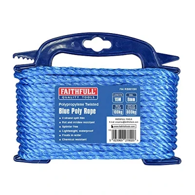 Image of Faithfull FAIRB8015H Blue Twisted Poly Rope Hasp 8mm Dia x 15M Max Load: 100kg, Breaking Strain 800kg