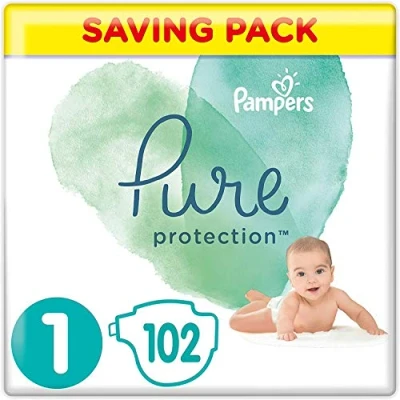 Image of Pampers Baby Nappies Size 1 (2 5 kg/4 11 Lb), Pure Protection, 102 Count, MONTHLY SAVINGS PACK, Essentials for Newborn