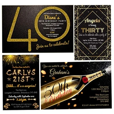 Image of Black &amp; Gold Personalised Party Invitations Envelopes Any Age (Choice of designs. Click customize for pricing)