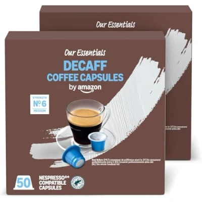 Image of by Amazon Lungo Decaffeinated Nespresso Compatible Coffee Capsules, Medium Roast, 100 Count (2 Packs of 50)
