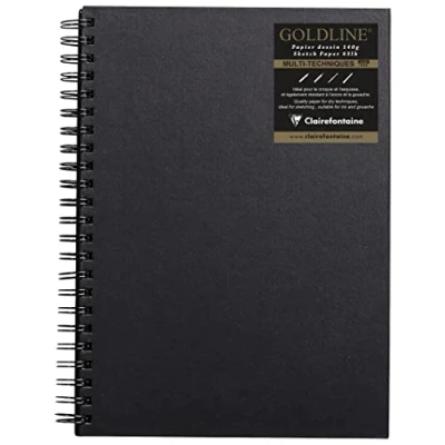 Image of Clairefontaine Ref 34254C Goldline Wirebound Pad (64 White Sheets) A4 Size, 140gsm Paper, Portrait Layout Black Cover Suitable for Dry Techniques