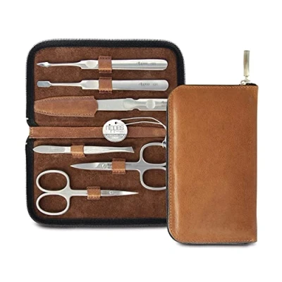 Image of Nippes Solingen Premium Line Manicure Set 6 Pieces Stainless Steel Rust and Nickel Genuine Cowhide Leather Case with Zip Fastener Brown