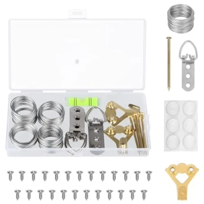 Image of Belle Vous Heavy Duty Picture Hanging Wire Kit D Ring Hangers, Screws, Hooks, Nails, Level &amp; for Photo Frame Holds 5kg/11lbs