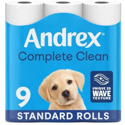 Image of Andrex Complete Clean Toilet Tissue Standard Rolls, Unique 3D Wave Texture for a Proven, Effective Clean, Loo 9 Rolls