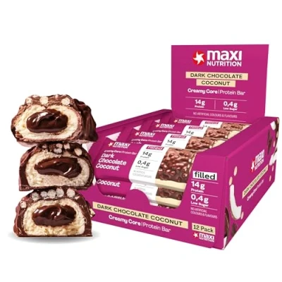 Image of MaxiNutrition Creamy Core Protein Bar High Snack Fat Free, Low in Sugar 14g Dark Chocolate Coconut, 200 kcal per Serving, 12 x 45g