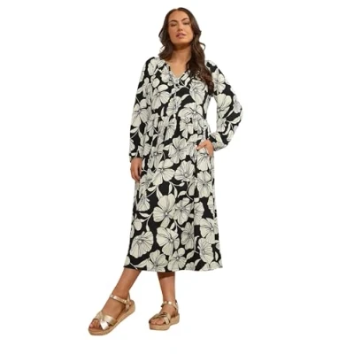 Image of EVANS Curve Contrast Floral Jersey Crepe Dress Women&#039;s Plus Size Black