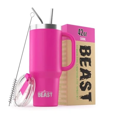 Image of Beast Tumbler 1500 ml (50 oz), Cup Cake Pink Reusable Stainless Steel, Vacuum Insulated with + 2 Straws &amp; Cleaning Brush Double Wall Travel Flask Perfect for Hot or Iced Coffee BPA Free