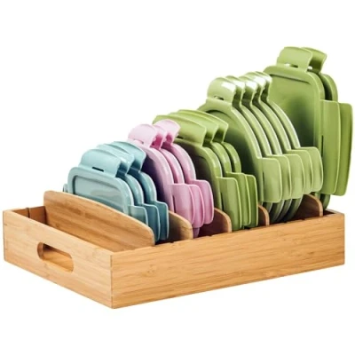 Image of UMILIFE Kitchen Cabinet Organizer for Food Storage Container Lids, with Adjustable Dividers, Bamboo Drawer Caddy, Box And Organization