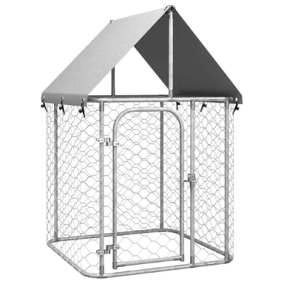Image of vidaXL Outdoor Dog Kennel with Roof Galvanized Steel Puppy Enclosure Cage, Silver, 100x100x150 cm, Ventilated Lockable Latch
