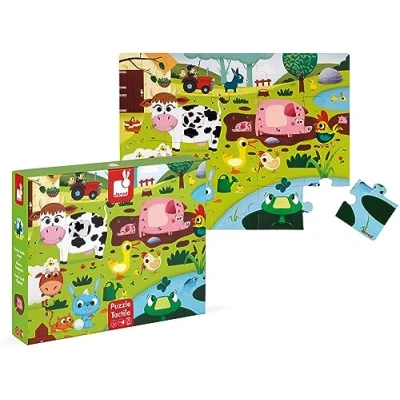 Image of Janod Children&#039;s Tactile Puzzle, Farm Animals, 20 Pieces including 7 Textured Educational and Sensory Game Touch, Fine Motor Skills Concentration From 2 Years, J02772