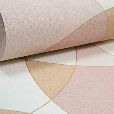 Image of SOPHIE LAURENCE Plain Pink Orange White Metallic Gold Circles Non Woven Textured Wallpaper (Retro Pattern Pink/Orange/Gold/White)