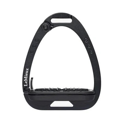 Image of LeMieux Vector Control Stirrup New Generation Spring Loaded Hinged Arm Cross Track Grip Surface Black