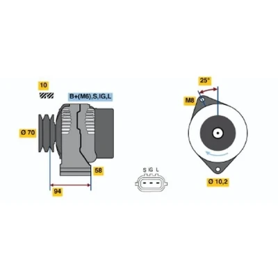 Image of 2706067030, 2706067070, 2706067110 Generator BOSCH 0 986 045 891 14V 70A excl. vacuum pump 70mm TOYOTA: HILUX 6 Pick up, Land Cruiser Prado 90