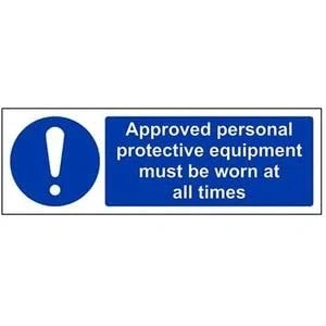 Image of V Safety Approved Personal Protective Equipment Must Be Worn At All Times PPE Sign 300mm x 100mm 1mm Rigid Plastic