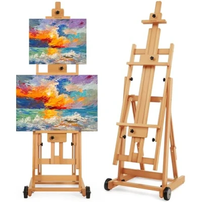Image of VISWIN Collapsible H Frame Easel, Hold 1 or 2 Canvas up to 198 cm, Adjustable Beech Wood Easel for Painting, Movable Tilting Flat Floor Art Stand, Studio Adults, Artists Walnut